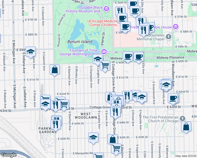 map of restaurants, bars, coffee shops, grocery stores, and more near 638 East 61st Street in Chicago