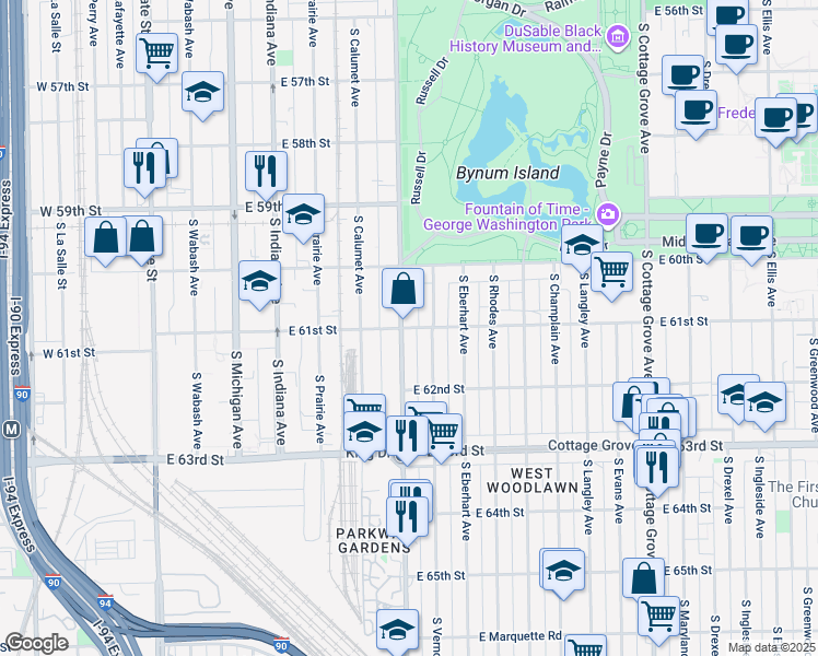 map of restaurants, bars, coffee shops, grocery stores, and more near 412 East 61st Street in Chicago