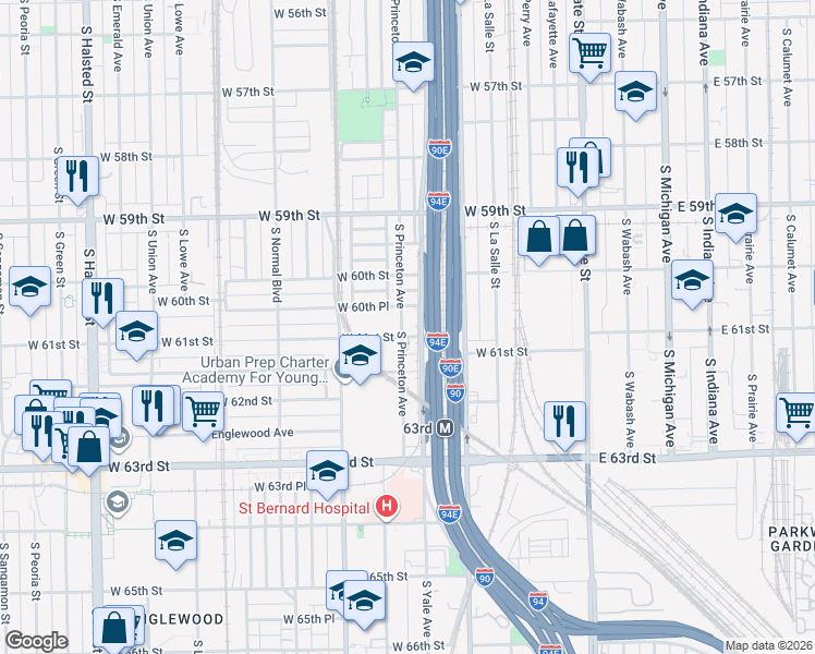 map of restaurants, bars, coffee shops, grocery stores, and more near 6046 South Princeton Avenue in Chicago