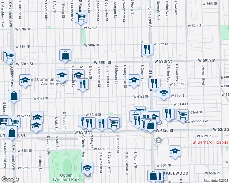map of restaurants, bars, coffee shops, grocery stores, and more near 6037 South Morgan Street in Chicago