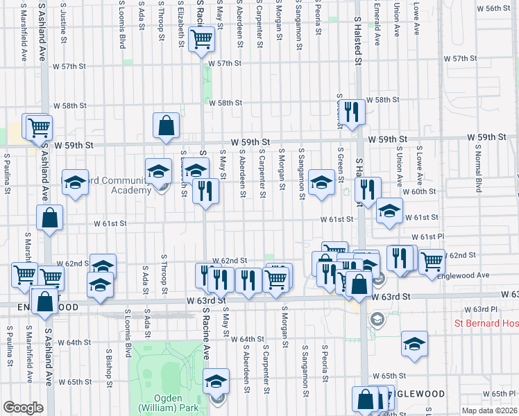 map of restaurants, bars, coffee shops, grocery stores, and more near 6034 South Carpenter Street in Chicago