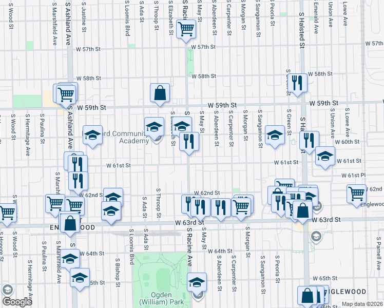 map of restaurants, bars, coffee shops, grocery stores, and more near 6036 South May Street in Chicago