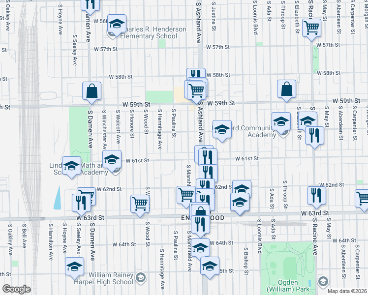 map of restaurants, bars, coffee shops, grocery stores, and more near 6028 South Marshfield Avenue in Chicago