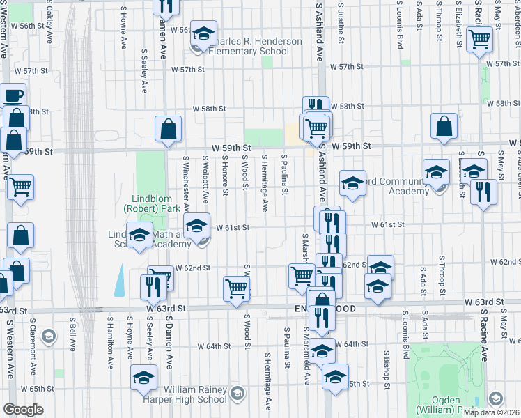 map of restaurants, bars, coffee shops, grocery stores, and more near 6029 South Wood Street in Chicago