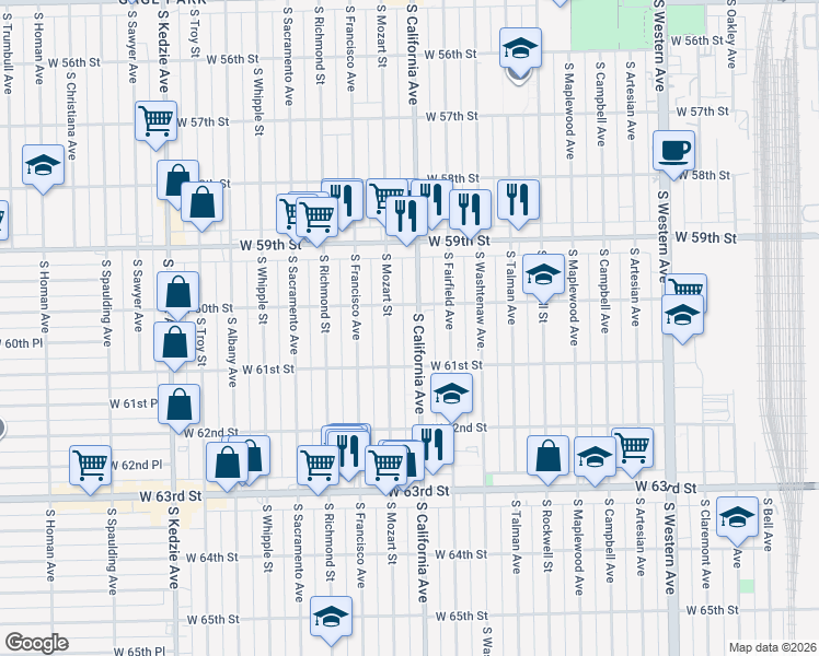 map of restaurants, bars, coffee shops, grocery stores, and more near 6017 South Mozart Street in Chicago