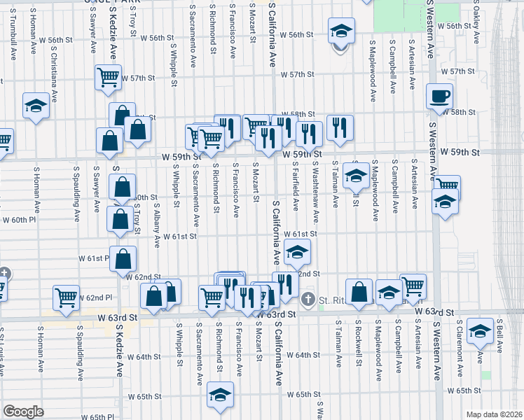 map of restaurants, bars, coffee shops, grocery stores, and more near 6017 South Mozart Street in Chicago