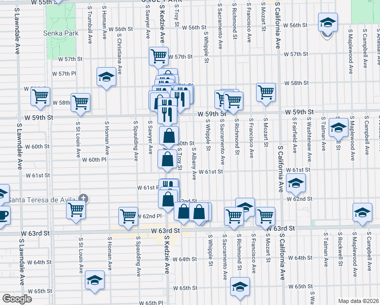 map of restaurants, bars, coffee shops, grocery stores, and more near 6013 South Albany Avenue in Chicago
