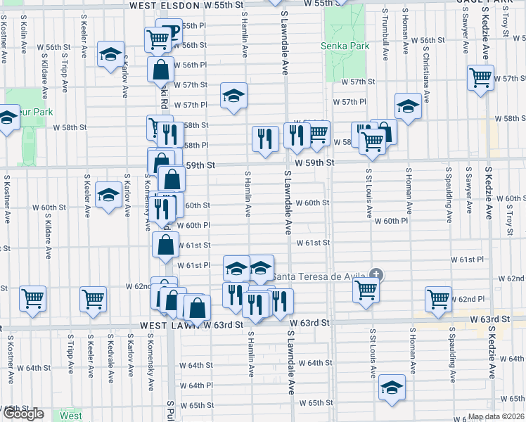 map of restaurants, bars, coffee shops, grocery stores, and more near 3735 West 60th Place in Chicago