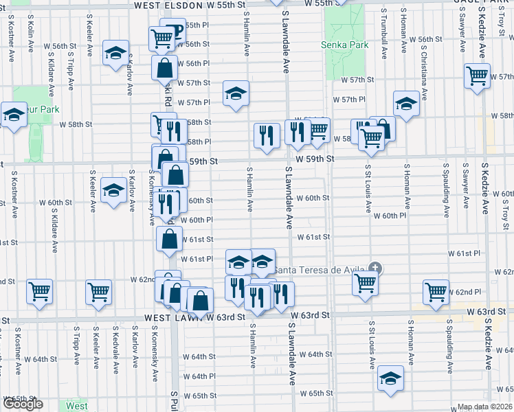 map of restaurants, bars, coffee shops, grocery stores, and more near 3735 West 60th Place in Chicago