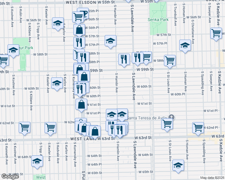 map of restaurants, bars, coffee shops, grocery stores, and more near 3811 West 60th Street in Chicago