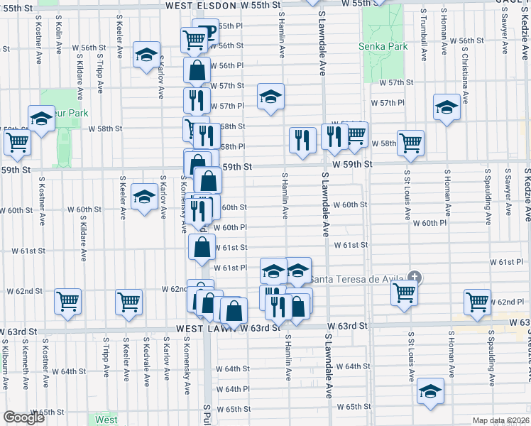 map of restaurants, bars, coffee shops, grocery stores, and more near 3811 West 60th Street in Chicago