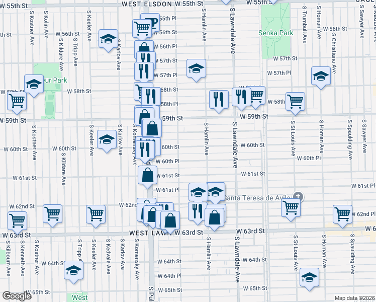 map of restaurants, bars, coffee shops, grocery stores, and more near 3849 West 60th Street in Chicago