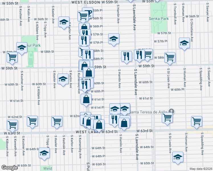 map of restaurants, bars, coffee shops, grocery stores, and more near 3849 West 60th Street in Chicago