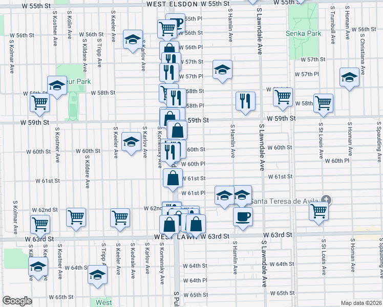 map of restaurants, bars, coffee shops, grocery stores, and more near 3925 West 60th Street in Chicago