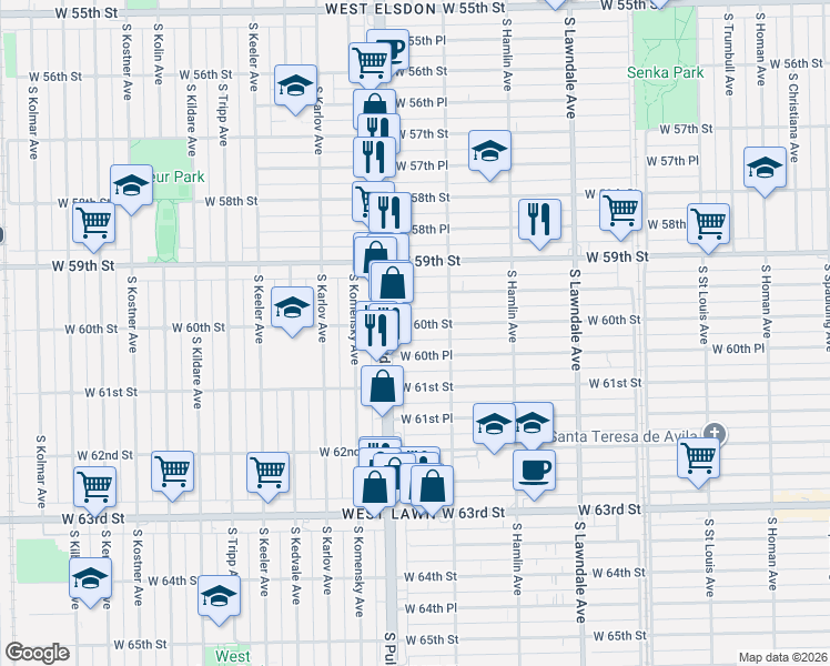 map of restaurants, bars, coffee shops, grocery stores, and more near 3925 West 60th Street in Chicago