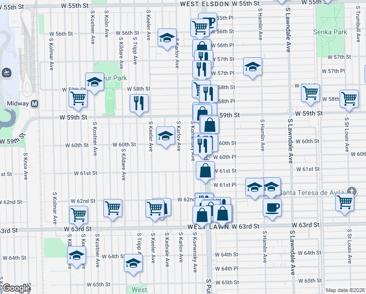 map of restaurants, bars, coffee shops, grocery stores, and more near 6000 South Komensky Avenue in Chicago