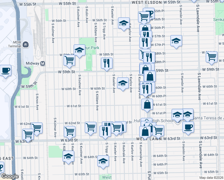 map of restaurants, bars, coffee shops, grocery stores, and more near 5959 South Keeler Avenue in Chicago