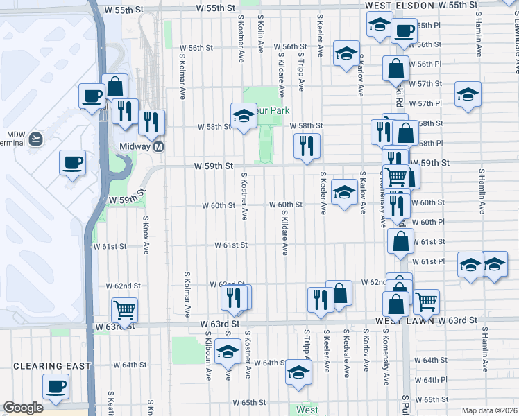 map of restaurants, bars, coffee shops, grocery stores, and more near 6000 South Kolin Avenue in Chicago