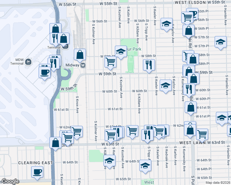 map of restaurants, bars, coffee shops, grocery stores, and more near 6001 South Kenneth Avenue in Chicago