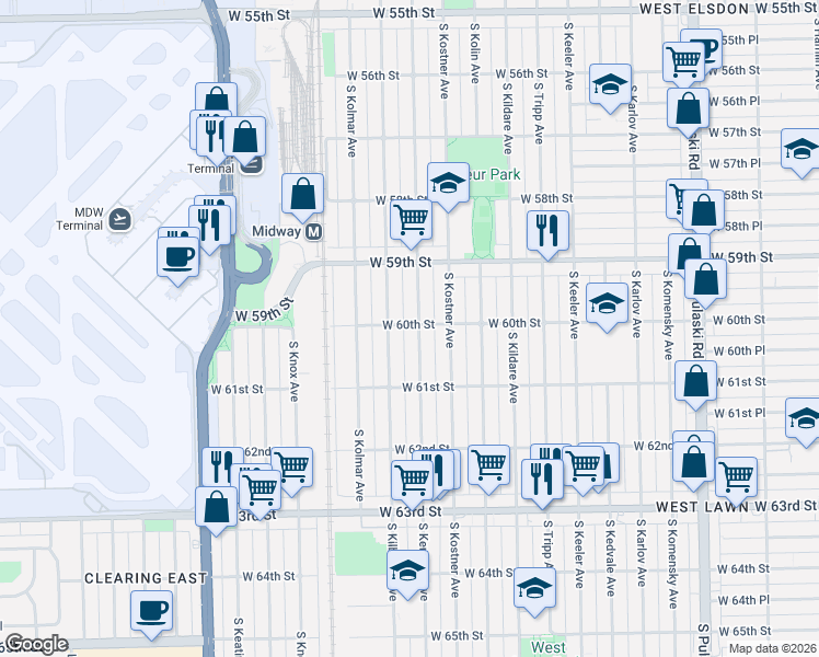 map of restaurants, bars, coffee shops, grocery stores, and more near 5959 South Kilbourn Avenue in Chicago