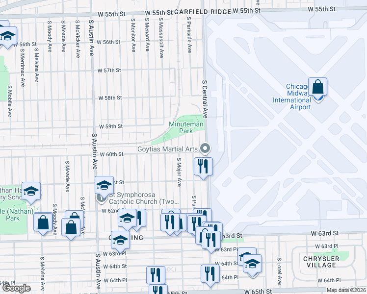map of restaurants, bars, coffee shops, grocery stores, and more near 5944 South Parkside Avenue in Chicago