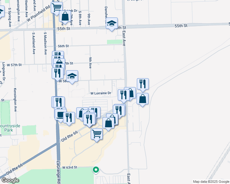 map of restaurants, bars, coffee shops, grocery stores, and more near 5810 East Avenue in Countryside