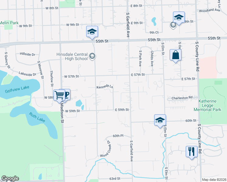 map of restaurants, bars, coffee shops, grocery stores, and more near 8 Kennedy Lane in Hinsdale