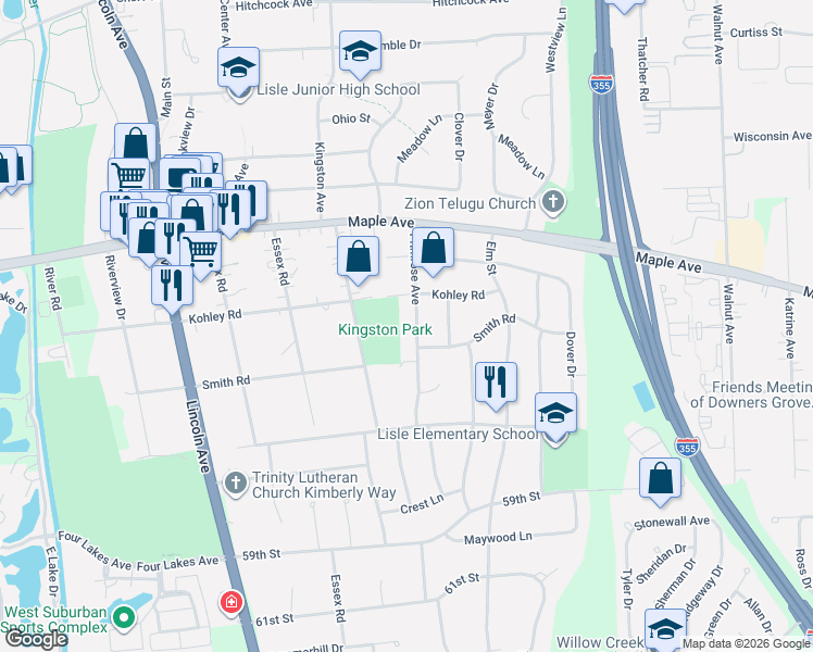 map of restaurants, bars, coffee shops, grocery stores, and more near 5614 Primrose Avenue in Lisle