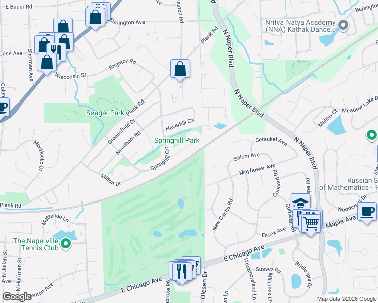 map of restaurants, bars, coffee shops, grocery stores, and more near 1292 Brookline Court in Naperville