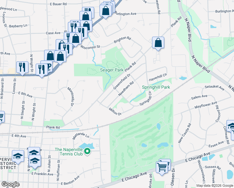 map of restaurants, bars, coffee shops, grocery stores, and more near 1124 Greensfield Drive in Naperville