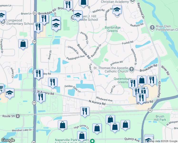map of restaurants, bars, coffee shops, grocery stores, and more near 1812 Gowdey Road in Naperville