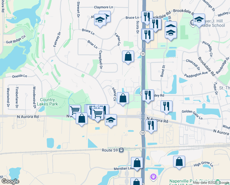 map of restaurants, bars, coffee shops, grocery stores, and more near 764 Inland Circle in Naperville