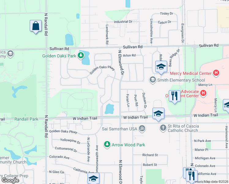 map of restaurants, bars, coffee shops, grocery stores, and more near 1350 North Elmwood Drive in Aurora