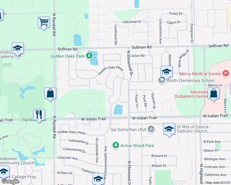 map of restaurants, bars, coffee shops, grocery stores, and more near 1330 Golden Oaks Parkway in Aurora