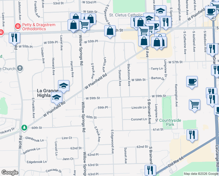 map of restaurants, bars, coffee shops, grocery stores, and more near 5827 South Edgewood Avenue in Countryside