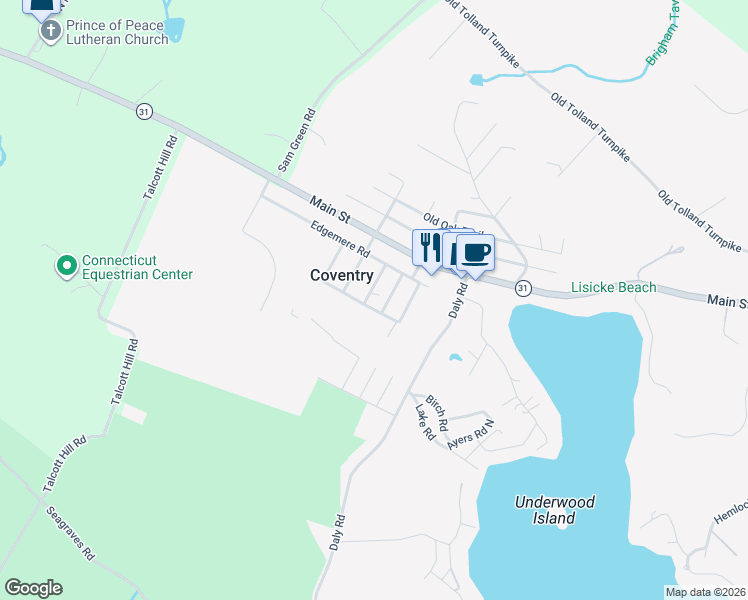 map of restaurants, bars, coffee shops, grocery stores, and more near 43 Kingswood Trail in Coventry