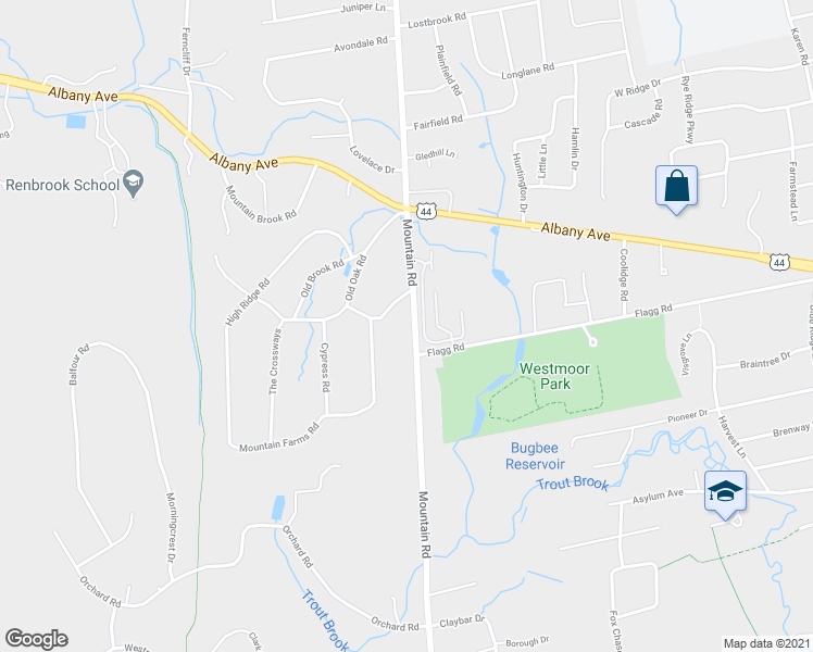 map of restaurants, bars, coffee shops, grocery stores, and more near 585 Mountain Road in West Hartford