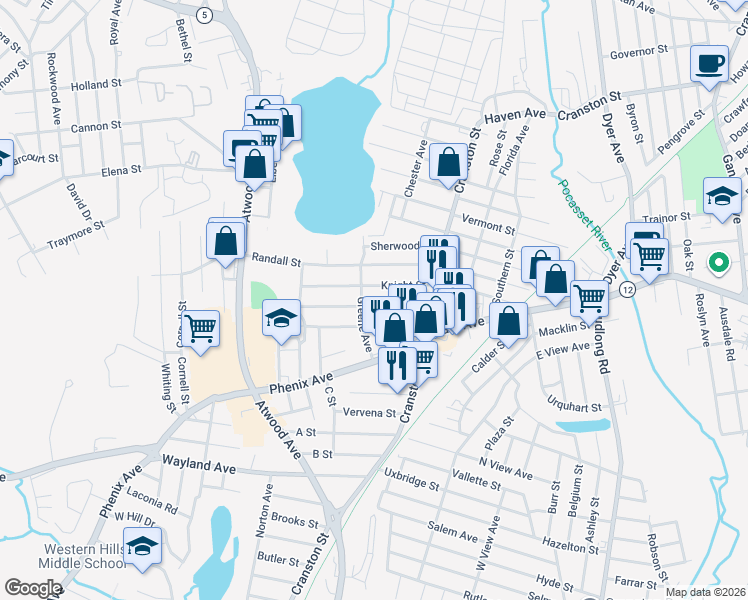 map of restaurants, bars, coffee shops, grocery stores, and more near 55 Greene Avenue in Cranston