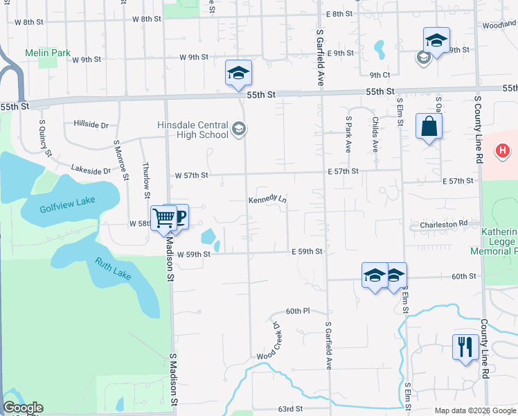 map of restaurants, bars, coffee shops, grocery stores, and more near 83 Kennedy Lane in Hinsdale