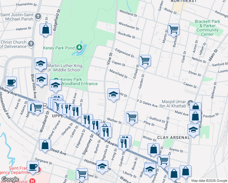 map of restaurants, bars, coffee shops, grocery stores, and more near 66 Greenfield Street in Hartford