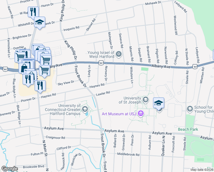 map of restaurants, bars, coffee shops, grocery stores, and more near 43 Haynes Road in West Hartford