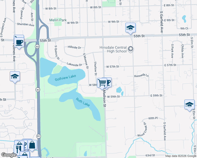 map of restaurants, bars, coffee shops, grocery stores, and more near 5742 Thurlow Street in Hinsdale