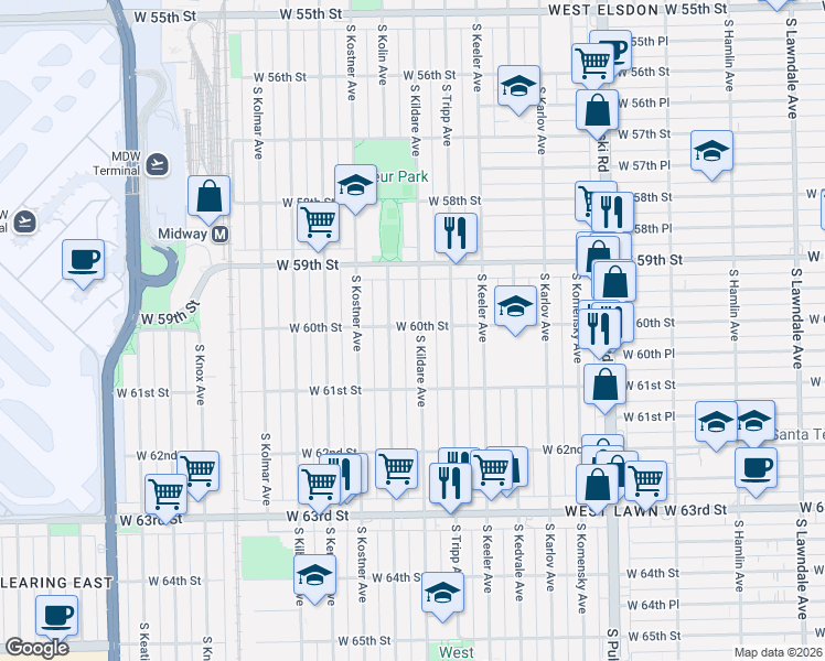 map of restaurants, bars, coffee shops, grocery stores, and more near 6000 South Kildare Avenue in Chicago