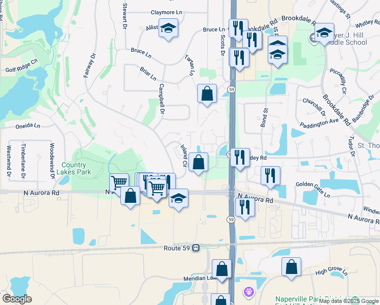 map of restaurants, bars, coffee shops, grocery stores, and more near 764 Inland Circle in Naperville