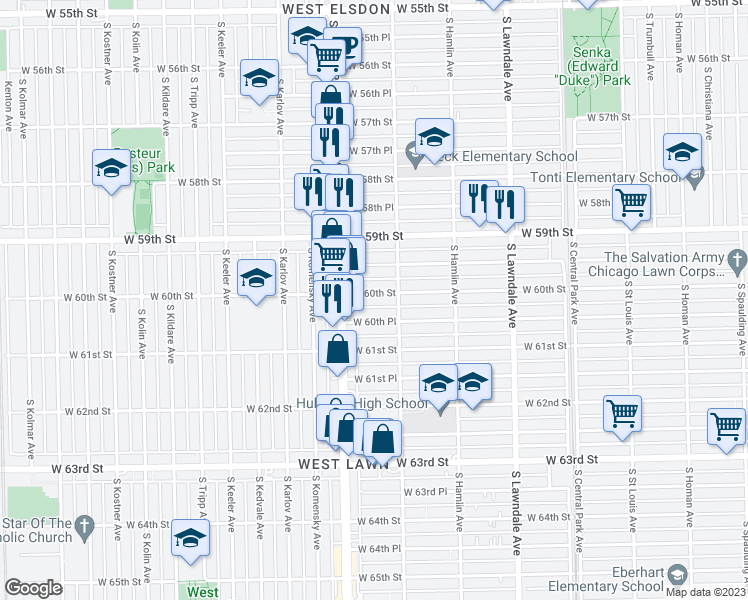 map of restaurants, bars, coffee shops, grocery stores, and more near 3925 West 60th Street in Chicago