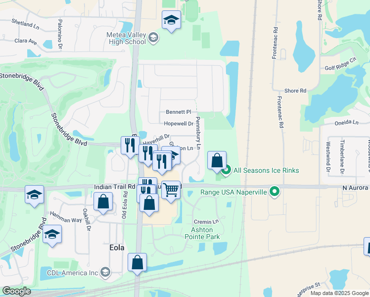 map of restaurants, bars, coffee shops, grocery stores, and more near 3269 Grafton Lane in Aurora