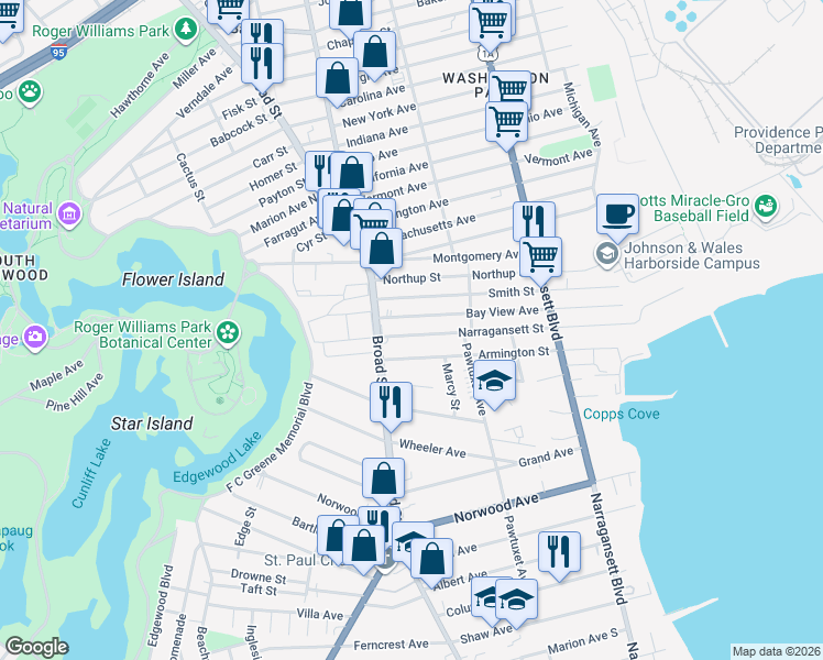 map of restaurants, bars, coffee shops, grocery stores, and more near 307 Narragansett Street in Cranston