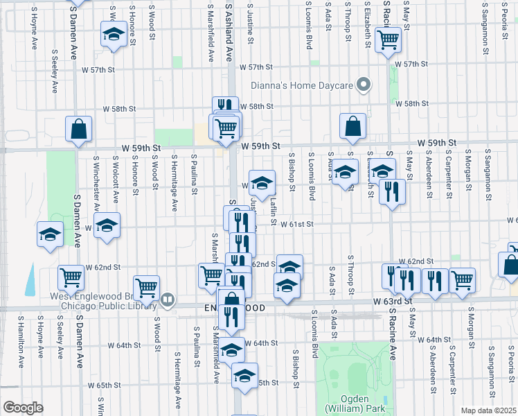 map of restaurants, bars, coffee shops, grocery stores, and more near 6035 South Justine Street in Chicago