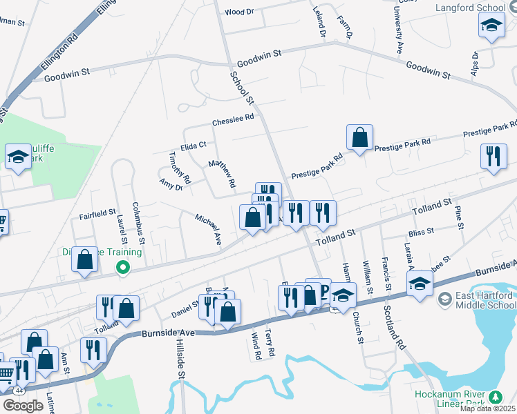 map of restaurants, bars, coffee shops, grocery stores, and more near 25 Henderson Drive in East Hartford
