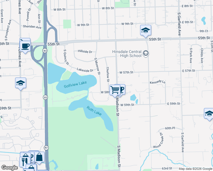 map of restaurants, bars, coffee shops, grocery stores, and more near 5742 Thurlow Street in Hinsdale